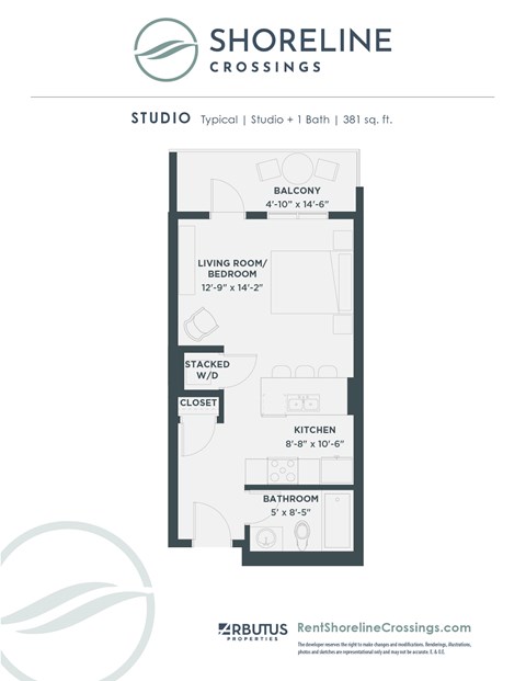 Floor plan for studio, 1 bath, 381 sqft